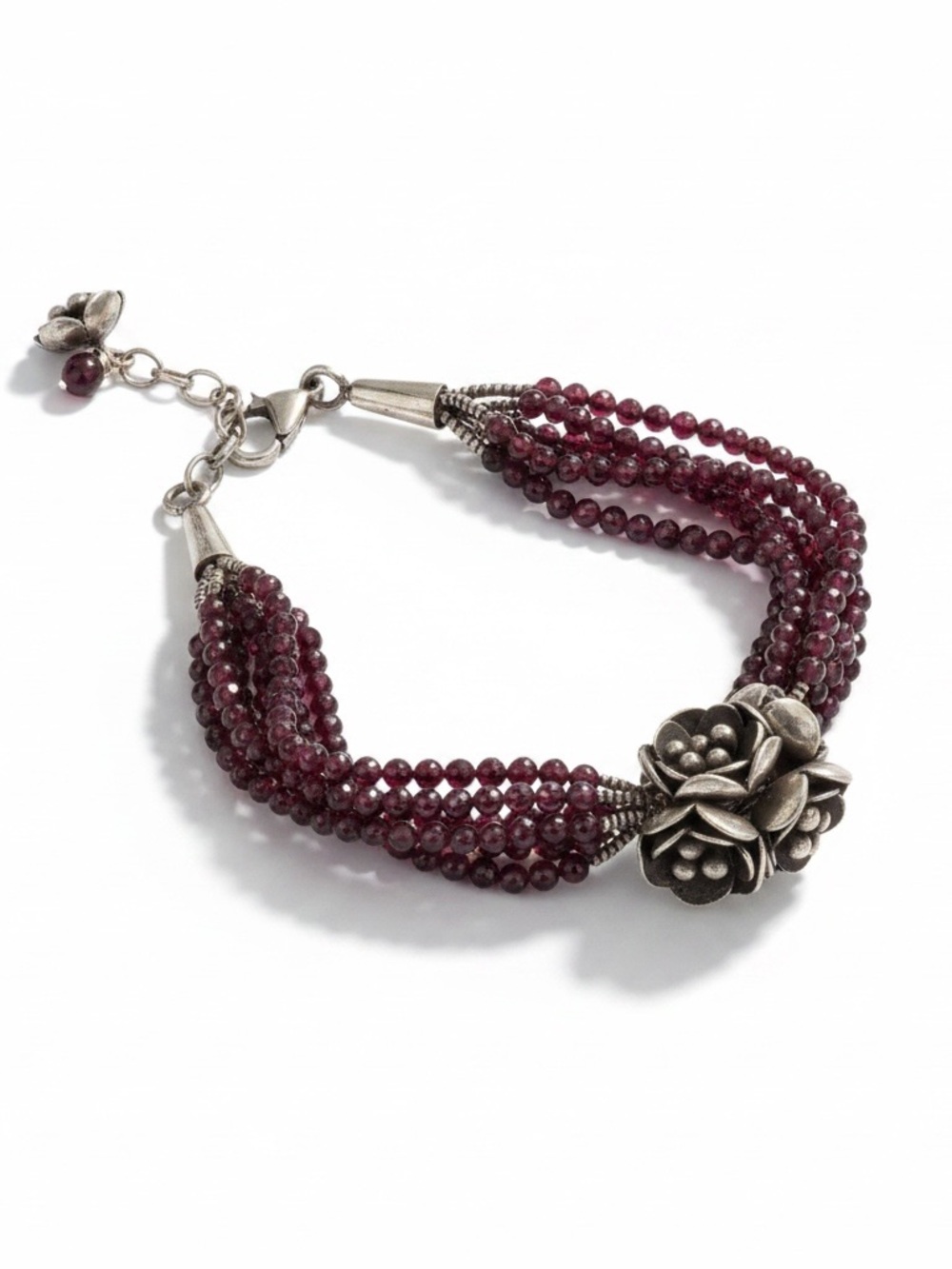 Multi-Strand Garnet Bead Bracelet with Sterling Silver Floral Clasp
